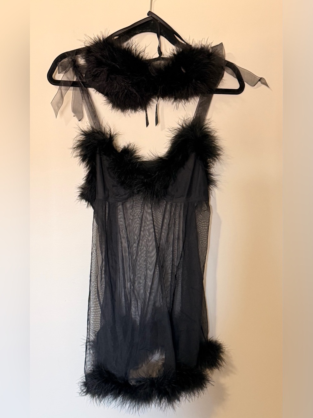 Set La SENZA Y2K Vintage Sexy Black Marabou Air Lift Push-up Bra + Slip Dress